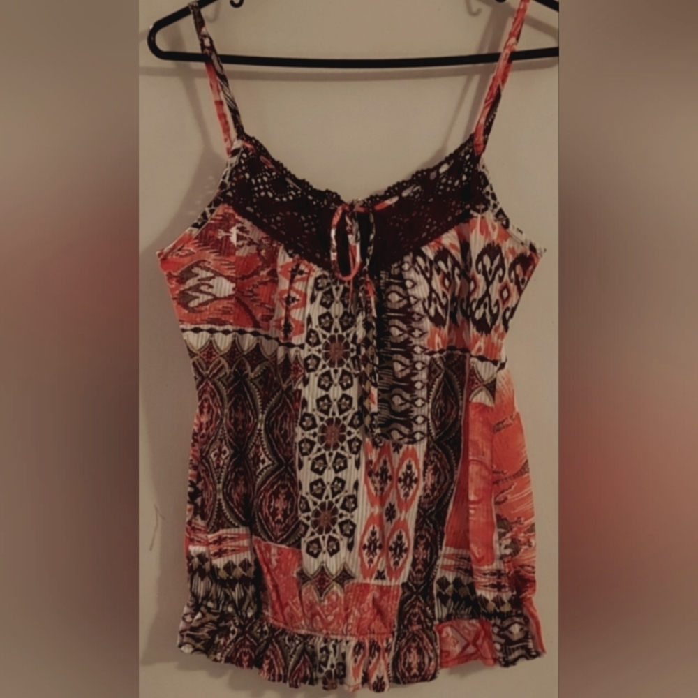 Tank top with crochet neckline by Vanity- orange, brown, white, tan - Picture 3 of 7